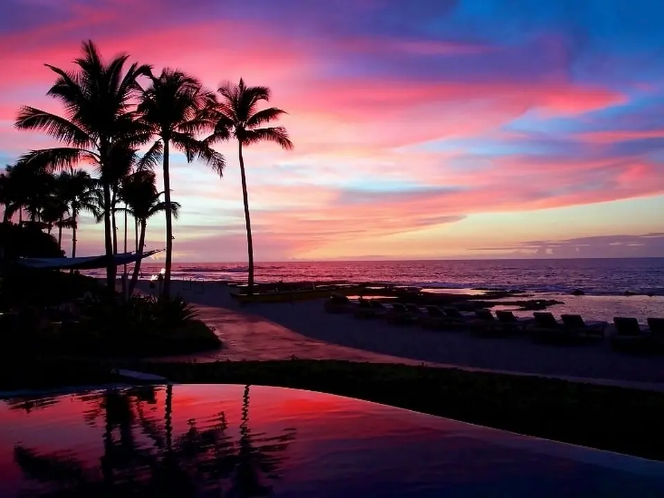 Palme al tramonto sul mare delle Hawaii