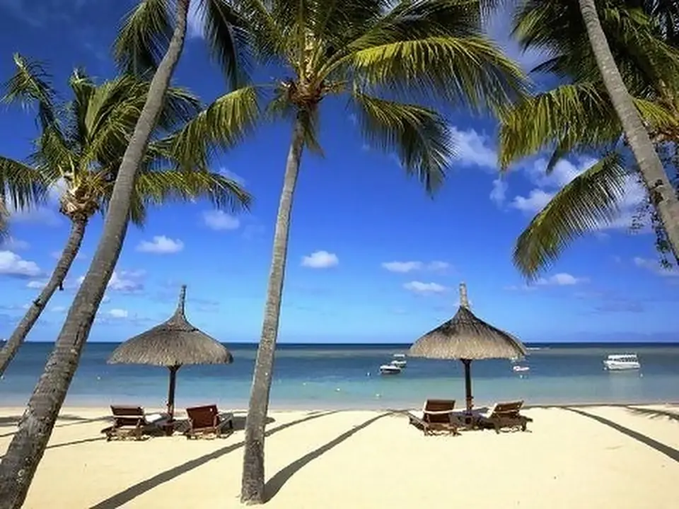 Palme e ombrelloni di paglia sulla spiaggia di Mauritius